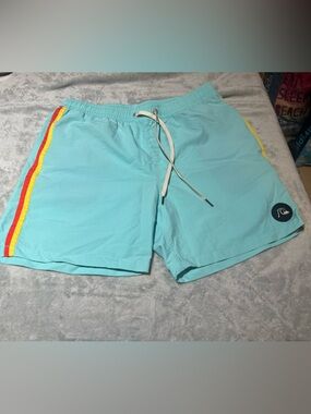 Quicksilver Men’s Light Blue Swim Trunks with Red and Yellow Stripes